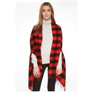 Madewell Red & Black Buffalo Plaid Wool Scarf Wrap Cape Fringe open pockets O/S